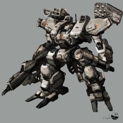 Rule 34 | absurdres, front mission, grey background, gun, highres, holding, holding gun, holding weapon, looking down, mace, magmastudio, mecha, missile pod, no humans, robot, science fiction, solo, visor, weapon