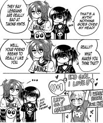 Rule 34 | ..., 3girls, 3koma, :3, balloon, black shirt, blush, clueless, comic, commentary, corrupted twitter file, denial, earrings, emo-girl (grs-), emo fashion, emoji print, english commentary, english text, freckles, greyscale, grs-, grunge-girl (grs-), grunge (genre), heart, heart balloon, highres, holding, holding sign, jewelry, layered sleeves, long hair, long sleeves, monochrome, multiple girls, no mouth, original, ponytail, pop-girl (grs-), shirt, short over long sleeves, short sleeves, sign, skull print, speech bubble, striped sleeves, t-shirt