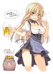 Rule 34 | 10s, 2girls, :d, = =, alcohol, alternate costume, apron, barrel, beer, beer mug, bismarck (kancolle), blonde hair, blue apron, blue eyes, blush, breasts, cleavage, cropped legs, cross, cup, detached collar, dirndl, drunk, food, german clothes, highres, iron cross, kantai collection, large breasts, long hair, looking at viewer, mug, multiple girls, no panties, ohta yuichi, oktoberfest, open mouth, prinz eugen (kancolle), sausage, short sleeves, simple background, skirt, smile, translation request, underbust, waist apron, white background