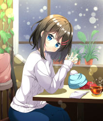 Rule 34 | 1girl, beanie, black tea, blue eyes, blue hat, blue skirt, blush, brown hair, chair, closed mouth, commentary request, cup, gloves, hair ornament, hairclip, hands up, hat, head tilt, highres, holding, holding cup, indoors, long hair, looking at viewer, looking to the side, on chair, original, plant, potted plant, red gloves, shirt, sitting, skirt, smile, solo, table, tea, teapot, transparent, tsuyukina fuzuki, unworn gloves, unworn hat, unworn headwear, white shirt, window