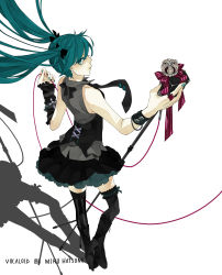 Rule 34 | 1girl, aqua eyes, aqua hair, arm warmers, bad id, bad pixiv id, boots, bracelet, crown, floating hair, from behind, full body, hatsune miku, high heels, highres, jewelry, long hair, looking back, microphone, microphone stand, necktie, ring, saikawa (0902k137), shadow, shoes, simple background, skirt, solo, striped clothes, striped thighhighs, thighhighs, twintails, very long hair, vocaloid