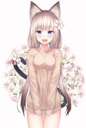 Rule 34 | 1girl, animal ear fluff, animal ears, blue eyes, blush, breasts, brown hair, brown sweater, cat, cat ears, cat girl, cat tail, commentary request, flower, hair flower, hair ornament, highres, long hair, long sleeves, looking at viewer, low twintails, medium breasts, open mouth, original, personification, revision, shiro (acad1213), siamese cat, simple background, sleeves past wrists, solo, sweater, tail, teeth, thigh gap, twintails, upper teeth only, very long hair, white background, white flower