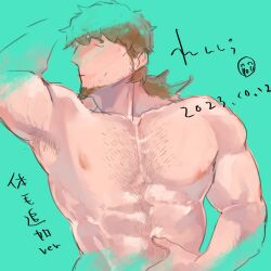Rule 34 | 1boy, abs, alternate body hair, aqua background, arm hair, arm up, armpit hair, armpits, bara, brown hair, chest hair, cropped torso, dated, doodle inset, facial hair, fate/grand order, fate (series), goatee, hairy, hector (fate), large pectorals, long hair, male focus, mature male, muscular, muscular male, nude, pectoral focus, pectorals, ponytail, sideways glance, solo, thick eyebrows, translation request, turning head, unfinished, ymbk (ymym oh)