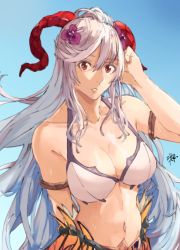 Rule 34 | 1girl, arm behind back, arm up, armlet, bikini, blue hair, blue sky, breasts, collarbone, commentary, curled horns, day, english commentary, fire emblem, fire emblem heroes, flower, freyja (fire emblem), goat horns, hair between eyes, hair flower, hair ornament, hand in own hair, hand on own head, highres, horns, large breasts, lips, long hair, looking at viewer, multicolored hair, navel, nintendo, official alternate costume, outdoors, parted lips, purple flower, red eyes, red horns, sakuremi, sidelocks, signature, sky, solo, swimsuit, teeth, thorns, two-tone hair, very long hair, wet, white bikini, white hair