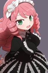 Rule 34 | 1girl, :d, bad id, bad pixiv id, black dress, blush, dress, drill hair, eyes visible through hair, flower, frilled dress, frills, green eyes, grey background, hair flower, hair ornament, hairband, light blush, long sleeves, looking at viewer, marbas (megido72), megido72, open mouth, pink hair, rose, simple background, skin tight, smile, solo, sumiyao (amam), white flower, white rose