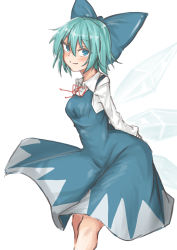 Rule 34 | 1girl, absurdres, arms behind back, blue bow, blue eyes, blue hair, bow, cirno, closed mouth, collared shirt, hair between eyes, hair bow, highres, ice, ice wings, kuraki, long sleeves, looking at viewer, shirt, short hair, simple background, smile, solo, standing, touhou, white background, white shirt, wings