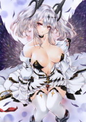 Rule 34 | 1girl, azur lane, black feathers, black gloves, breasts, breasts apart, center opening, choker, dress, feathered wings, feathers, fingerless gloves, gloves, grey hair, hair ornament, highres, joffre (azur lane), large breasts, long sleeves, looking at viewer, marker (medium), mktr (princess mktr), navel, off shoulder, red eyes, solo, star (symbol), star hair ornament, thighhighs, traditional media, twintails, white dress, white thighhighs, wings
