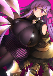 Rule 34 | 10s, 1girl, :o, bare shoulders, black bodysuit, blunt bangs, blush, bodysuit, breasts, claws, commentary request, fate/extra, fate/extra ccc, fate (series), hair ribbon, highres, huge breasts, long hair, looking at viewer, o-ring, o-ring top, pantyhose, passionlip (fate), pink background, pink ribbon, purple eyes, purple hair, ribbon, shiba nanasei, skirt, solo, striped clothes, striped skirt, vertical-striped clothes, vertical-striped skirt, very long hair