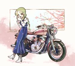 Rule 34 | 1girl, blue dress, boots, brown eyes, cherry blossoms, cup, dress, green hair, grey footwear, hair behind ear, high heel boots, high heels, highres, holding, holding cup, kazuma (dokurinngos2), long hair, looking at viewer, motor vehicle, motorcycle, off shoulder, open mouth, original, shirt, signature, smile, solo, vehicle focus, white shirt, yamaha, yamaha xs-v1