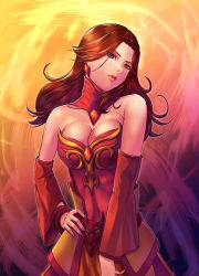 Rule 34 | 1girl, bare shoulders, bracelet, breasts, brooch, brown eyes, brown hair, cleavage, detached collar, detached sleeves, dota (series), dota 2, dress, earrings, eyes visible through hair, female focus, gem, gradient background, hand on own hip, head tilt, highres, jewelry, large breasts, lina inverse (dota 2), lips, lipstick, long hair, looking at viewer, makeup, nail polish, orange background, parted bangs, parted lips, pink lips, purple background, red detached collar, red detached sleeves, red dress, red gemstone, red nails, seed01010, serious, solo, strapless, strapless dress