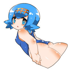 Rule 34 | 1girl, :o, ass, back, bad id, bad pixiv id, bare shoulders, blue eyes, blue hair, blush, breasts, child, creatures (company), flat ass, game freak, hairband, highres, lana (pokemon), looking at viewer, looking back, nintendo, one-piece swimsuit, open mouth, pokemon, pokemon sm, school swimsuit, simple background, sleeveless, small breasts, solo, swimsuit, thick thighs, thighs, trial captain, white background