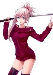 Rule 34 | 1girl, applekun, bare shoulders, blue eyes, breasts, collarbone, earrings, fate/grand order, fate (series), hair ornament, highres, index finger raised, jewelry, katana, large breasts, long hair, looking at viewer, miyamoto musashi (fate), off-shoulder sweater, off shoulder, pink hair, ponytail, red sweater, simple background, smile, sweater, swept bangs, sword, thighs, weapon, white background