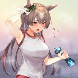 Rule 34 | 1girl, absurdres, animal ears, arm up, armpits, blush, bottle, breasts, commentary request, ear ornament, hair between eyes, highres, holding, holding bottle, horse ears, horse girl, long hair, medium breasts, multicolored hair, open mouth, outdoors, red eyes, red shorts, satono diamond (umamusume), see-through, see-through shirt, shirt, shorts, solo, streaked hair, sweat, umamusume, upper body, visible air, water bottle, white hair, white shirt, yomesuket