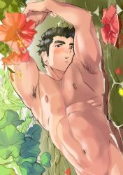 Rule 34 | 1boy, :o, abs, armpit hair, armpits, arms up, bara, black hair, blush, completely nude, flower, flower request, highres, male focus, muscular, muscular male, navel, nipples, nude, original, out-of-frame censoring, own hands together, pectorals, red flower, short hair, sideburns, sideways, solo, stomach, thick eyebrows, tofu (tofulabo), unfinished