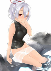 Rule 34 | 1girl, bare arms, bare legs, blush, bottomless, breasts, closed mouth, fate/grand order, fate (series), hair between eyes, hair ribbon, hand up, knees together feet apart, looking at viewer, medium breasts, ponytail, red eyes, red ribbon, ribbon, simple background, sitting, sleeveless, smile, soaking feet, solo, sweat, tera zip, tomoe gozen (fate), towel, twitter username, water, white background