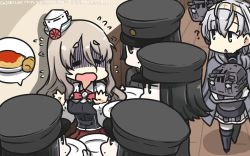 Rule 34 | 3girls, 6+girls, ?, akitsu maru (kancolle), black eyes, black hair, blush, bodysuit, boots, bow, bowtie, braid, clone, closed mouth, clothes writing, commentary request, corset, food, french braid, gloves, grey hair, grey jacket, hachimaki, hair between eyes, hair flaps, hamu koutarou, hat, headband, highres, jacket, kantai collection, long hair, military, military uniform, mini hat, miniskirt, multiple girls, one side up, open mouth, pale skin, pasta, peaked cap, plate, pleated skirt, pola (kancolle), red skirt, remodel (kantai collection), sailor collar, shirt, short hair, skirt, suzutsuki (kancolle), uniform, wavy hair, white bodysuit, white gloves, white neckwear, white shirt, white skirt