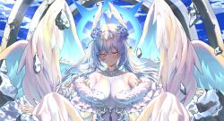 1girl absurdres ahoge angel angel_wings bare_shoulders blue_flower breasts cleavage closed_eyes closed_mouth cloud feather_boa feathered_wings floating_rock flower gem grey_hair hair_between_eyes hair_flower hair_ornament halo head_wings highres indie_virtual_youtuber long_hair nanaomi_(ryniix) oumiya_emma see-through_clothes see-through_cleavage sky smile solo upper_body virtual_youtuber white_wings wings