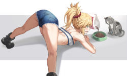 Rule 34 | 1girl, bare shoulders, blonde hair, bowl, braid, breasts, cat, fate/apocrypha, fate (series), french braid, green eyes, hair ornament, hair scrunchie, highres, jack-o&#039; challenge, kneepits, long hair, mordred (fate), mordred (fate/apocrypha), mordred (memories at trifas) (fate), parted bangs, pet bowl, pet food, ponytail, red scrunchie, scrunchie, short shorts, shorts, small breasts, spread legs, strapless, tonee, top-down bottom-up, tube top