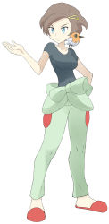 Rule 34 | 10s, 1girl, blue eyes, breasts, brown hair, clothes around waist, creatures (company), fletchling, full body, game freak, gen 6 pokemon, grace (pokemon), hair ornament, hairclip, highres, jacket, jacket around waist, mother (pokemon), nintendo, official style, pokemon, pokemon (creature), pokemon xy, shigino sohuzi, short hair, slippers, smile, white background