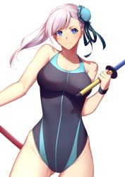 Rule 34 | 1girl, absurdres, asymmetrical hair, bad id, bad twitter id, bare shoulders, black one-piece swimsuit, black ribbon, blue eyes, blue one-piece swimsuit, blush, breasts, bun cover, cleavage, collarbone, commentary request, competition swimsuit, cowboy shot, dual wielding, fate/grand order, fate (series), fighting stance, hair bun, hair ornament, hair ribbon, highleg, highleg swimsuit, highres, holding, kuen (kuennn12), large breasts, long hair, looking at viewer, miyamoto musashi (fate), miyamoto musashi (swimsuit berserker) (first ascension) (fate), one-piece swimsuit, pink hair, ribbon, side ponytail, single hair bun, smile, solo, swept bangs, swimsuit, sword, toy sword, two-tone swimsuit, weapon, white background, wristband