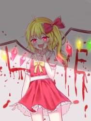 Rule 34 | 1girl, absurdres, ahoge, blonde hair, blood, blood writing, blush, bow, bowtie, collared shirt, cowboy shot, crystal, english text, fang, finger to mouth, flandre scarlet, frilled bow, frilled shirt collar, frilled skirt, frills, glowing, glowing eyes, glowing wings, grey background, hair bow, hanen (borry), highres, large bow, long hair, multicolored wings, no headwear, one side up, open mouth, puffy short sleeves, puffy sleeves, red eyes, red ribbon, red skirt, red vest, ribbon, shirt, short sleeves, simple background, skin fang, skirt, sleeve ribbon, solo, touhou, vest, white shirt, wings, yellow bow, yellow bowtie