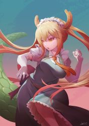 Rule 34 | 10s, 1girl, baseball, blonde hair, bouncing breasts, breasts, collared shirt, dated, dragon girl, dragon horns, dragon tail, gloves, highres, horns, johnson zhuang, kobayashi-san chi no maidragon, large tail, long hair, maid, maid headdress, necktie, open mouth, puffy short sleeves, puffy sleeves, red necktie, shirt, short sleeves, signature, slit pupils, solo, tail, throwing, tohru (maidragon), twintails, white gloves