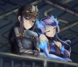 Rule 34 | 2girls, against railing, black hair, blue hair, breasts, brighid (xenoblade), cleavage, closed eyes, flaming hair, gtpe3237, hat, highres, leaning on person, military, military hat, military uniform, morag ladair (xenoblade), multiple girls, night, nintendo, railing, smile, star (sky), uniform, xenoblade chronicles (series), xenoblade chronicles 2