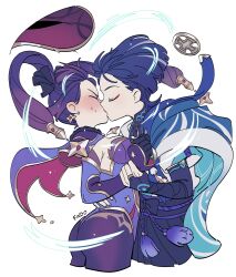 Rule 34 | 1boy, 1girl, absurdres, artist name, ass, black gloves, blue cape, blue hair, blush, breasts, bridal gauntlets, cape, closed eyes, commentary, english commentary, findoworld, from side, full-face blush, genshin impact, gloves, hand grab, hand on another&#039;s waist, hat, unworn hat, unworn headwear, hetero, highres, kiss, large breasts, legs, leotard, long hair, mona (genshin impact), pantyhose, purple cape, purple hair, purple headwear, purple leotard, purple pantyhose, scaramouche (genshin impact), shirt, short hair, sideboob, simple background, sweatdrop, tassel, thighs, twintails, wanderer (genshin impact), white background, white shirt