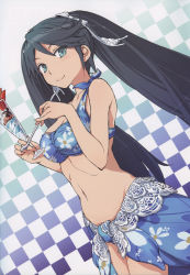 Rule 34 | 10s, 1girl, absurdres, aka ringo, bare shoulders, bikini, black hair, blue eyes, blush, breasts, checkered background, collarbone, floral print, food, groin, hair ribbon, highres, ice cream, isuzu (kancolle), kantai collection, large breasts, lips, long hair, looking at viewer, navel, parfait, ribbon, sarong, scan, single-shoulder bikini, smile, solo, spoon, swimsuit, twintails