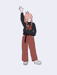 Rule 34 | 1girl, absurdres, alternate hairstyle, arm up, belt, black sweater, braid, brown pants, chainsaw, chainsaw man, commentary request, full body, gurukousu, hair between eyes, hand in pocket, hand up, highres, horns, long hair, looking at viewer, low twin braids, orange eyes, pants, pink hair, pochita (chainsaw man), pout, power (chainsaw man), red horns, ringed eyes, simple background, solo, sweater, twin braids, white background