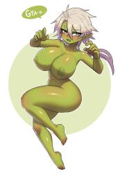 Rule 34 | breasts, colored skin, english text, female goblin, gintm, goblin, green skin, highres, large breasts, nipples, nude, pointy ears, white hair