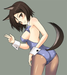 Rule 34 | 1girl, ass, black hair, bow, bowtie, brown eyes, brown hair, detached collar, kittysuit, kuroda kunika, leotard, looking back, miritsu, mirutsu (milts), noble witches, nontraditional playboy bunny, pantyhose, short hair, solo, strike witches, tail, world witches series, wrist cuffs