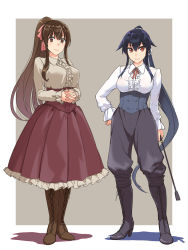 Rule 34 | 2girls, abo (hechouchou), alternate costume, beige background, beige blouse, black footwear, black hair, black pants, blouse, boots, border, brown footwear, brown hair, cross-laced footwear, frilled shirt, frilled skirt, frills, full body, grey background, grey shirt, highres, kantai collection, lace-up boots, long hair, looking at viewer, multiple girls, pants, ponytail, red eyes, red skirt, riding crop, shirt, sidelocks, skirt, two-tone background, white border, white shirt, yahagi (kancolle), yamato (kancolle)
