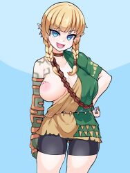 Rule 34 | 1girl, archaic set (zelda), bike shorts, black shorts, blonde hair, blush, braid, breasts, brown choker, cameltoe, choker, cowboy shot, fingernails, hand on own hip, highres, hyrule warriors, large breasts, linkle, long fingernails, looking at viewer, nintendo, nipples, one breast out, open mouth, pointy ears, shorts, sirachi, smile, solo, the legend of zelda, the legend of zelda: tears of the kingdom, twin braids