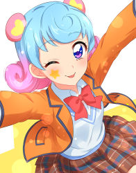 Rule 34 | 1girl, :p, absurdres, aikatsu!, aikatsu! (series), blue hair, blush, brown skirt, closed mouth, collared shirt, doujima nina, facial mark, gradient hair, hair ornament, hands up, highres, jacket, lens flare, lens flare abuse, long sleeves, looking at viewer, multicolored hair, neck ribbon, one eye closed, orange jacket, pink hair, pleated skirt, purple eyes, red ribbon, ribbon, sekina, shirt, simple background, skirt, smile, solo, star (symbol), tongue, tongue out, vest, white background, white shirt