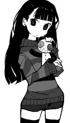 Rule 34 | 1girl, blunt bangs, closed mouth, commentary, cowboy shot, dowman sayman, expressionless, greyscale, hair behind ear, highres, holding, holding stuffed toy, jpeg artifacts, long hair, long sleeves, looking at viewer, monochrome, sasa kazamori, short shorts, shorts, simple background, solo, striped clothes, striped sweater, stuffed animal, stuffed toy, sweater, teddy bear, thighhighs, turtleneck, turtleneck sweater, un-go, zettai ryouiki