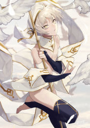 Rule 34 | 1boy, androgynous, bird, blue gloves, blue thighhighs, bridal gauntlets, brown eyes, commentary request, commission, crossdressing, detached collar, detached sleeves, feathers, feet, gloves, gold trim, grey background, grey hair, highres, legs, looking at viewer, male focus, no shoes, original, over-kneehighs, potti-p, shadow, short hair, signature, skeb commission, solo, staff, standing, standing on one leg, stirrup legwear, thighhighs, thighs, toeless legwear, toes, topless male, trap, twitter username, white headwear
