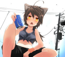 Rule 34 | 1girl, ahoge, animal ears, bad id, bad pixiv id, bare shoulders, blush, brand name imitation, brown hair, can, cat ears, chestnut mouth, collarbone, fang, from below, hot, long hair, midriff, navel, open mouth, original, pocari sweat, ponytail, power lines, shorts, soda, solo, squatting, sweat, tank top, utility pole, wk (low-f), wristband, yellow eyes
