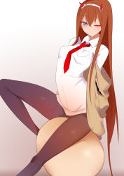 Rule 34 | 10s, 1girl, arched back, bad id, bad pixiv id, black pantyhose, blue eyes, blush, breasts, brown hair, collared shirt, cosplay, darling in the franxx, gradient background, hair between eyes, hairband, horns, jacket, long hair, makise kurisu, medium breasts, necktie, one eye closed, pantyhose, red necktie, shirt, simple background, sitting, solo, steins;gate, white hairband, white shirt, wing collar, yostxxx, zero two (darling in the franxx), zero two (darling in the franxx) (cosplay)