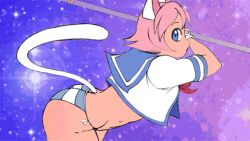 Rule 34 | 1girl, animal ears, animated, animated gif, blue eyes, cat ears, cat tail, fingerless gloves, gloves, hammer, lowres, panties, pink hair, school uniform, solo, star (symbol), striped clothes, striped panties, striped thighhighs, tail, thighhighs, underwear