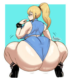 Rule 34 | 1girl, artist name, arusan, ass, backboob, bare shoulders, blonde hair, blue eyes, bracelet, breasts, crop top, from behind, high heels, huge ass, jewelry, large breasts, long hair, looking at viewer, looking back, metroid, naughty face, nintendo, ponytail, samus aran, seductive gaze, seductive smile, shiny skin, short shorts, shorts, simple background, sleeveless, smile, solo, squatting, thick thighs, thighs, undersized clothes