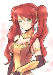 Rule 34 | 1girl, alternate hairstyle, breasts, cleavage, green eyes, hair between eyes, highres, large breasts, long hair, looking at viewer, parted bangs, pyrrha nikos, red hair, rwby, simple background, smile, solo, twintails, very long hair, white background