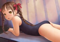 Rule 34 | 1girl, ass, blurry, bow, braid, brown eyes, brown hair, depth of field, feet out of frame, hair bow, hair ornament, highres, indoors, looking at viewer, looking back, lying, on stomach, one-piece swimsuit, original, school swimsuit, sidelocks, solo, swimsuit, wadachitokakeru
