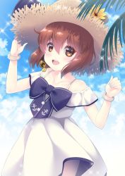 Rule 34 | 1girl, anchor symbol, beach, blue bow, blue sky, bow, bracelet, brown eyes, brown hair, cloud, cloudy sky, coconut tree, cowboy shot, dress, eyebrows hidden by hair, flower, hat, hat ribbon, headset, highres, jewelry, kantai collection, looking at viewer, official alternate costume, outdoors, palm tree, ribbon, short hair, sky, sleeveless, sleeveless dress, smile, solo, sparkle, speaking tube headset, sun hat, sundress, sunflower, sunlight, tree, tsukimochikuriko (tsukimochi k), white dress, yukikaze (kancolle)