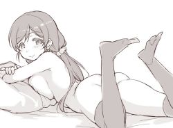 Rule 34 | 10s, 1girl, ass, bed sheet, blush, breasts, duke (inu daimyou), feet up, greyscale, hair ornament, hair scrunchie, large breasts, long hair, looking at viewer, looking back, love live!, love live! school idol project, lying, monochrome, nipples, no shoes, nude, on stomach, pillow, scrunchie, smile, solo, thighhighs, tojo nozomi, twintails