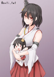 Rule 34 | 10s, 1girl, anti (untea9), black hair, character doll, commentary request, detached sleeves, doll, frown, fusou (kancolle), hair ornament, highres, japanese clothes, kantai collection, nontraditional miko, objectification, pleated skirt, purple background, red eyes, red skirt, shaded face, short hair, simple background, skirt, solo, twitter username, wide sleeves, yamashiro (kancolle)