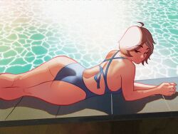 Rule 34 | 1girl, ahoge, ass, blue one-piece swimsuit, breasts, brown hair, commentary, dark-skinned female, dark skin, english commentary, half-closed eyes, highres, looking at viewer, lying, mature female, medium breasts, neal d. anderson, nora (neal d. anderson), on stomach, one-piece swimsuit, original, outdoors, poolside, short hair, solo, swimsuit