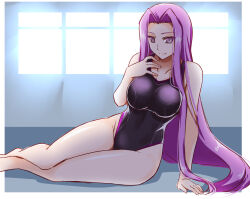 Rule 34 | 1girl, bare arms, bare legs, black one-piece swimsuit, border, breasts, closed mouth, collarbone, competition swimsuit, engo (aquawatery), fate/stay night, fate (series), feet out of frame, hair intakes, highres, indoors, large breasts, long hair, medusa (fate), medusa (rider) (fate), one-piece swimsuit, outside border, purple eyes, purple hair, shiny skin, sitting, sketch, smile, solo, square pupils, straight hair, swimsuit, very long hair, white border