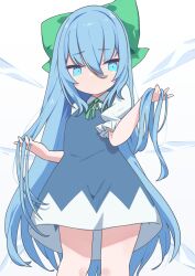 Rule 34 | 1girl, alternate hair length, alternate hairstyle, blue dress, blue eyes, blue hair, bow, burumanoeat, cirno, closed mouth, commentary request, detached wings, dress, green bow, hair between eyes, hair bow, hand in own hair, highres, ice, ice wings, long hair, shirt, short hair, short sleeves, simple background, solo, touhou, white background, white shirt, wings
