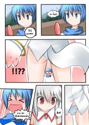 Rule 34 | !?, &gt; &lt;, 10s, animal ears, blue eyes, blue hair, blush, catstudioinc (punepuni), closed eyes, comic, food, grey hair, highres, kaito (vocaloid), kyubey, left-to-right manga, mahou shoujo madoka magica, mahou shoujo madoka magica (anime), panties, personification, popsicle, red eyes, scarf, tail, thai text, translation request, underwear, vocaloid, wing collar